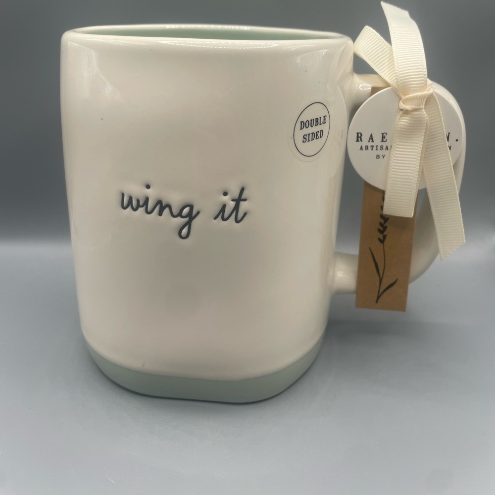 Rae Dunn WING IT HUMMNGBIRD Double Sided Farmline Mug With Green Interior NEW